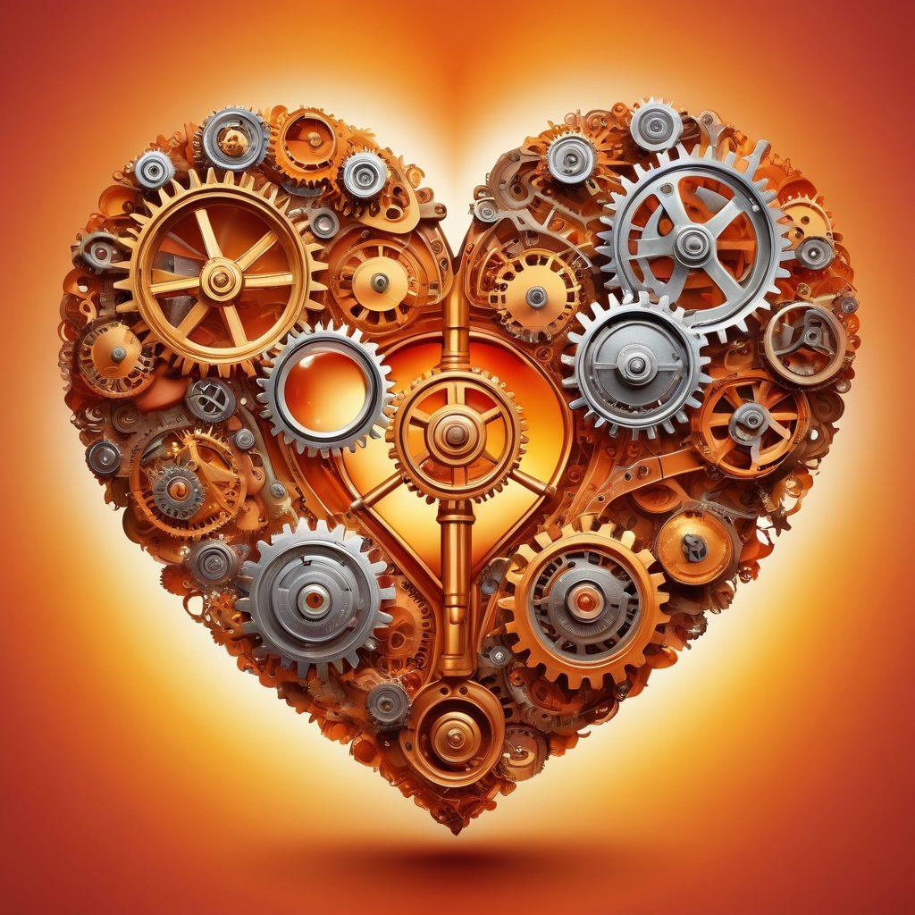 A heart intertwined with gears and tools representing the journey of love and relationship challenges, surrounded by an abstract blend of warm colors symbolizing affection and adoration. Include small illustrations of magnifying glasses and discussion bubbles to signify communication and analysis in relationships. The background features soft, ethereal light to evoke a sense of warmth and connection. super-realistic. vibrant colors. abstract.