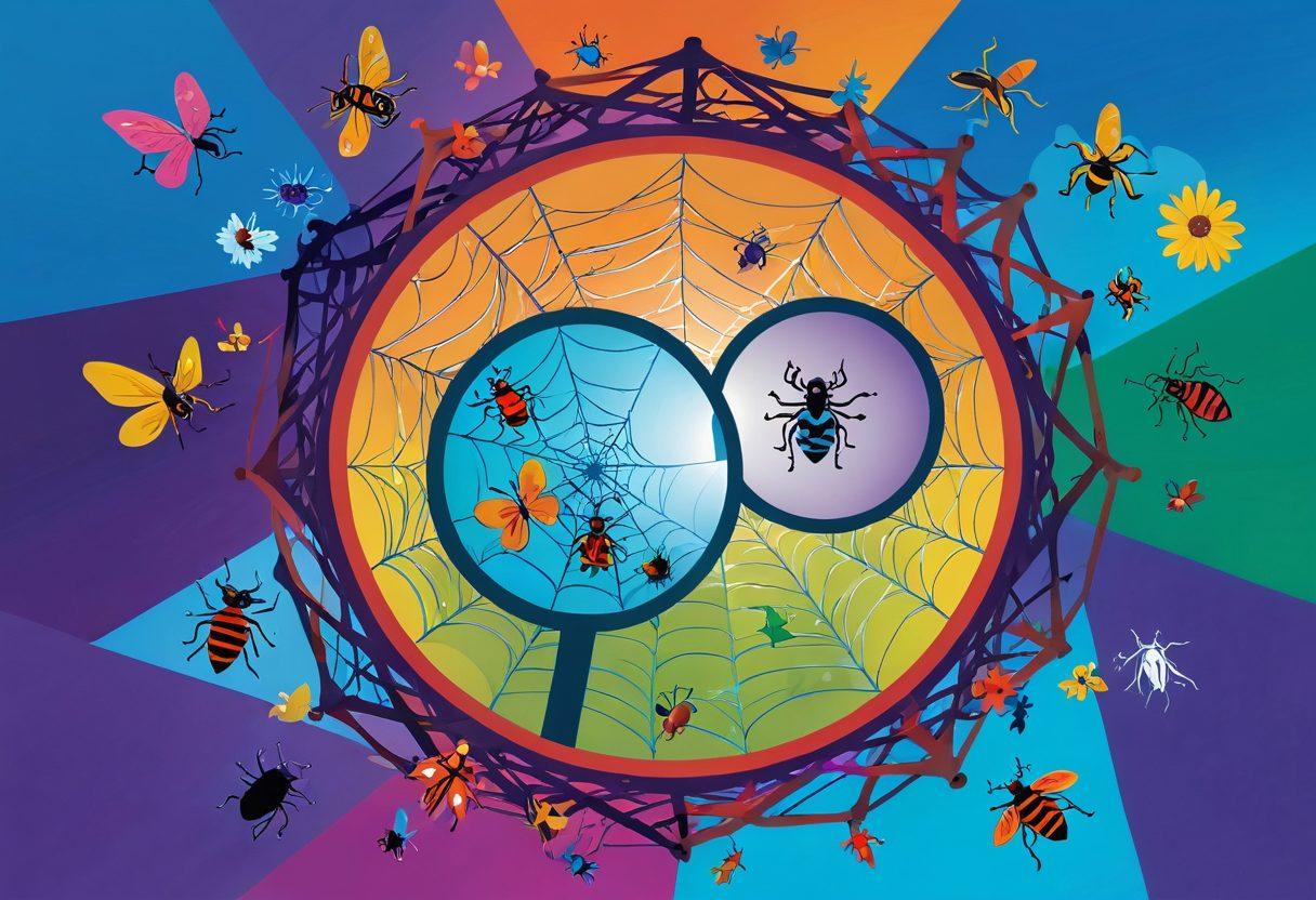 A metaphorical illustration of a tangled web symbolizing complex relationships, with a magnifying glass highlighting bugs as colorful icons representing challenges. Include imagery of people collaboratively fixing issues, exuding resilience and teamwork, under a bright, optimistic sky. The colors should be vibrant and engaging, suggesting hope and growth. vibrant colors. vector art.