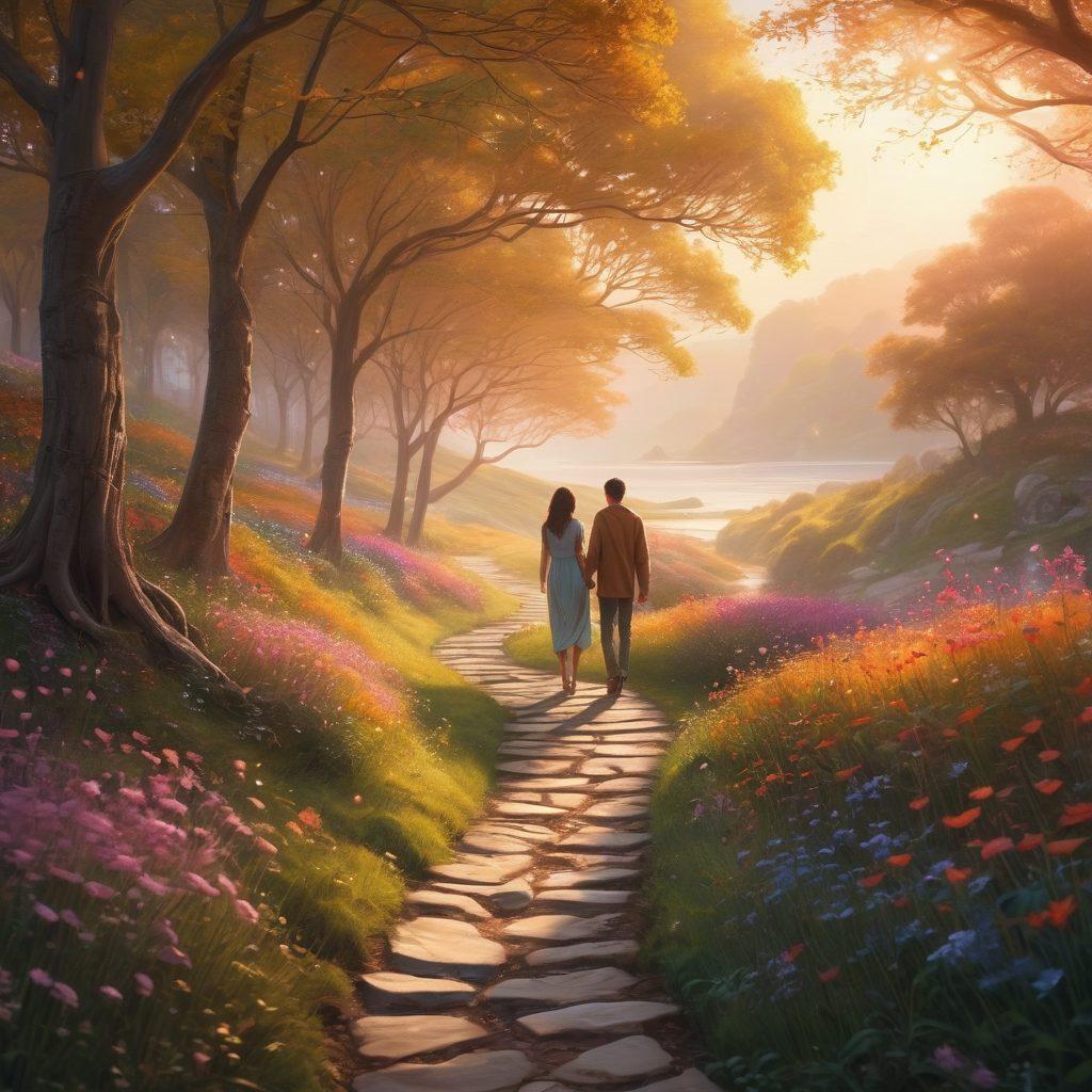 A serene landscape representing the complexity of relationships, with a winding path symbolizing navigation. Alongside the path, glowing hearts and tangled threads illustrate emotional connections and challenges. In the distance, a couple is seen empathizing with each other, surrounded by soft, ethereal light. The color palette includes warm and inviting tones to evoke a sense of hope and understanding. super-realistic. vibrant colors. soft focus.